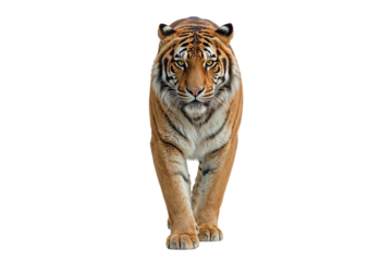 A majestic tiger walking directly towards the camera, isolated on a pure white background for design.