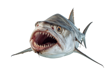 Aggressive saltwater predator fish with a wide-open mouth, displaying its sharp, dangerous teeth, isolated on a white background