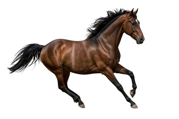 Obraz premium A majestic brown horse in a powerful gallop, its mane flowing, isolated on a clean white background, symbolizing freedom and speed.
