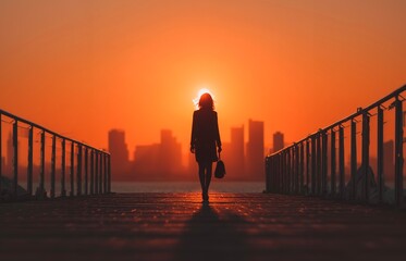 Silhouette of a woman walking on the pier at sunset.