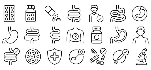 Probiotic supplement line icons, Digestive health symbols, Stomach and intestine bacteria, Gut microbiome illustration, Medical treatment and wellness Concept, Capsule and medicine icons