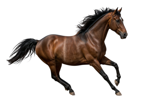A majestic brown horse in a powerful gallop, its mane flowing, isolated on a clean white background, symbolizing freedom and speed.