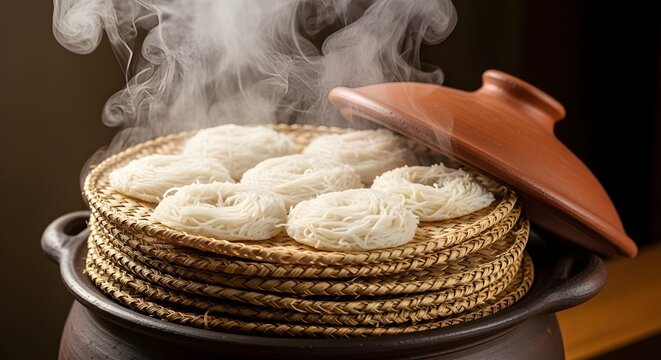 Steaming Fresh String Hoppers in a Clay Pot