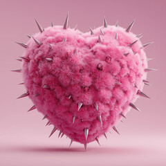 A pink fluffy heart with thorns protruding from it. Illustration.