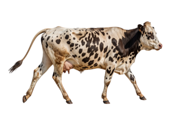 A full-length side view of a walking dairy cow with black and white spots, isolated on a white background.