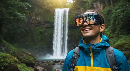Smiling man wearing futuristic glasses near waterfall