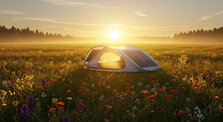 Solar tent glows in wildflower meadow at sunrise