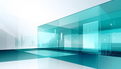 Corporate abstract background with overlapping transparent layers in teal and gray, incorporating faint business charts and icons