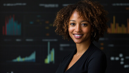 Confident African American woman with curly hair analyzing digital business charts and data on black backdrop.