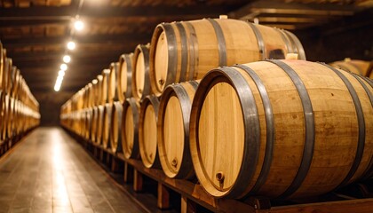 Rows of oak barrels aging in a dimly lit wine cellar.