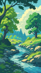 Lush Green Forest and Freshwater River Vector Design