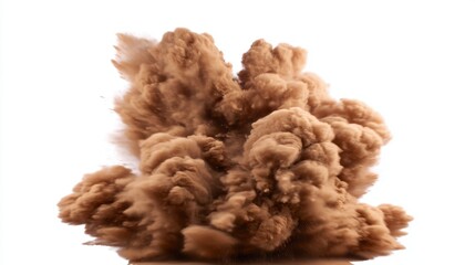 Fototapeta premium Dynamic brown dust cloud in mid-motion, billowing with fluffy irregular shapes and fine particles against a stark white background, creating energy and movement.