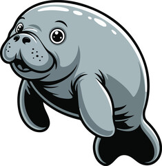 Fototapeta premium Adorable manatee cartoon with a cheerful smile transparent vector png