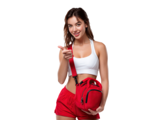 Active Lifestyle: A radiant young woman, exuding confidence, holds a sleek red bag while pointing enthusiastically, embodying the spirit of fitness and an active lifestyle.
