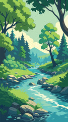 Lush Green Forest and Freshwater River Vector Design