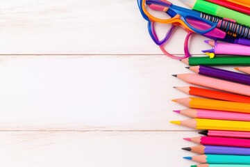 Obraz premium Colorful School Supplies on a Wooden Plank: A vibrant arrangement of school supplies. Featuring a collection of colorful pencils, pens, and eyeglasses.