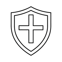 Shield with cross knight emblem in outline vector on white background