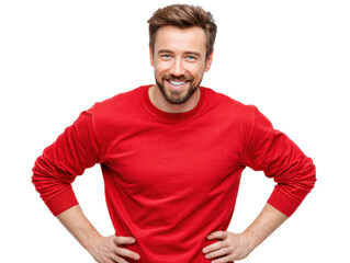 Confident Radiance: A charismatic man with a bright smile, dressed in a vibrant red top, radiates confidence and approachability. His engaging pose conveys positive energy and warmth.
