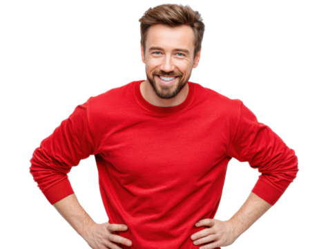 Confident Radiance: A charismatic man with a bright smile, dressed in a vibrant red top, radiates confidence and approachability. His engaging pose conveys positive energy and warmth.