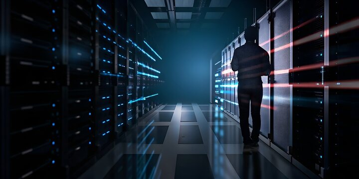 A person walks through a modern data center filled with glowing server racks and blue lights