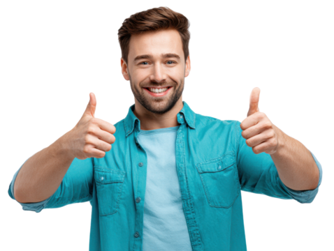 Thumbs Up of Approval: A young man radiates positivity, flashing a warm smile and giving a double thumbs-up, expressing unwavering confidence and approval.