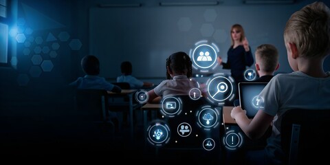 Children engage with futuristic digital learning technology in a modern classroom setting