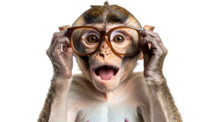 silly monkey wearing oversized glasses, expressing surprise and joy. This playful image captures fun and quirky nature of animals isolated on transparent background 