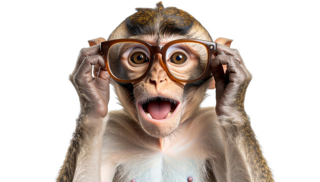 silly monkey wearing oversized glasses, expressing surprise and joy. This playful image captures fun and quirky nature of animals isolated on transparent background 
