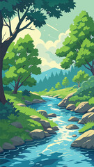 Lush Green Forest and Freshwater River Vector Design