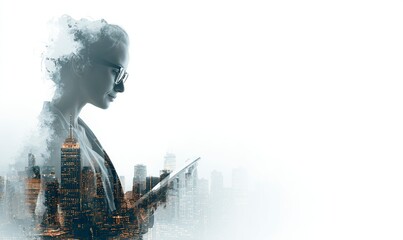 Double exposure of a businesswoman holding a tablet and a cityscape background, in a white color theme. The image is a stock photo contest winner, with the banner text "8496205". It is of high quality