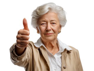 Positive Affirmation: An elderly woman with warm eyes and a comforting smile, extends a reassuring thumbs up, symbolizing approval, agreement, and satisfaction.
