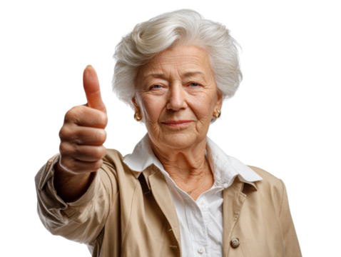 Positive Affirmation: An elderly woman with warm eyes and a comforting smile, extends a reassuring thumbs up, symbolizing approval, agreement, and satisfaction.