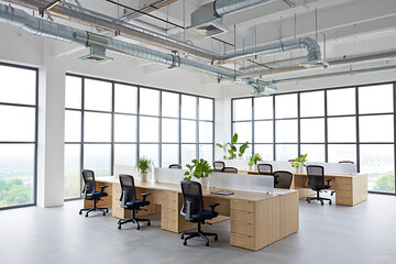 Modern open plan office with large windows and natural light
