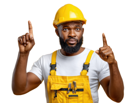 Builder's Alert: A builder in a yellow safety helmet points upwards with a surprised expression. Emphasizing safety, caution, and guidance in construction. 