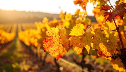 Close-up of vibrant autumn leaves with a vineyard in the background, bathed in sunlight.