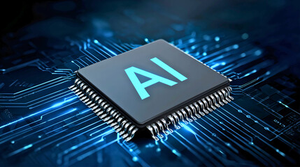 Close up of a futuristic computer processor chip with glowing blue ai lettering on a dark circuit board background