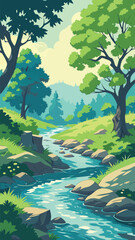 Vector Forest Landscape with Clear Flowing River Stream