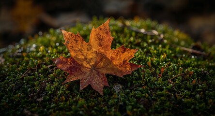 Vibrant Autumn Maple Leaf Resting on Green Moss with Sunlit Bokeh Background