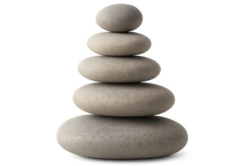 Five smooth grey stones balancing on top of each other on a transparent background, creating a serene and meditative atmosphere