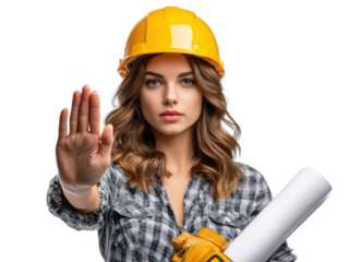Construction worker making hand stop gesture: A determined female construction worker wearing a safety helmet and work gloves, displays a firm stop hand gesture while holding architectural blueprints.