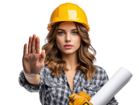 Construction worker making hand stop gesture: A determined female construction worker wearing a safety helmet and work gloves, displays a firm stop hand gesture while holding architectural blueprints.