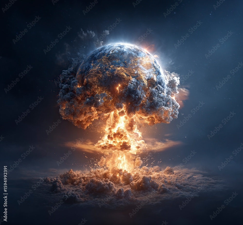 Canvas Prints earth exploding, an explosive scene in space, hyper-realistic, dark background, earth floating in th