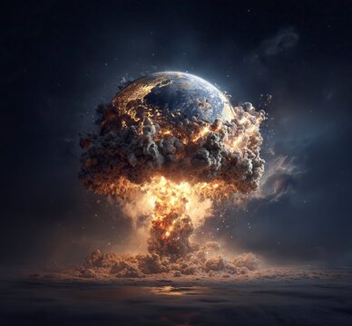 Earth exploding, an explosive scene in space, hyper-realistic, dark background, Earth floating in the air, fire and smoke coming out of it, a nuclear bomb mushroom cloud behind the planet Earth, 