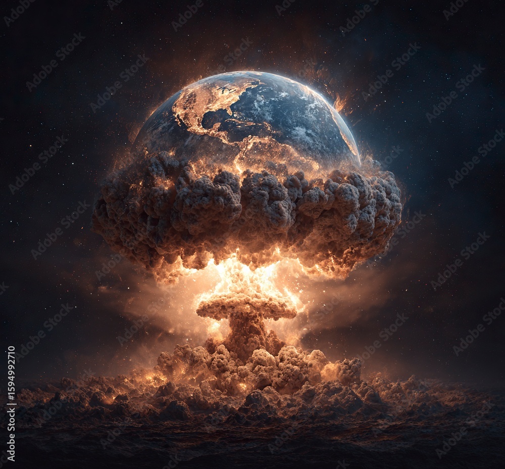 Canvas Prints earth exploding, an explosive scene in space, hyper-realistic, dark background, earth floating in th
