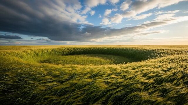 Scenic Wheat Field with Swirling Crop Circle Under Dramatic Sky at Sunset