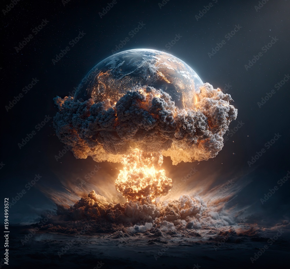 Canvas Prints earth exploding, an explosive scene in space, hyper-realistic, dark background, earth floating in th