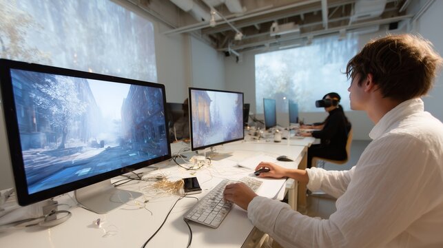 Engaging gamers test virtual reality in a modern workspace during a technology workshop