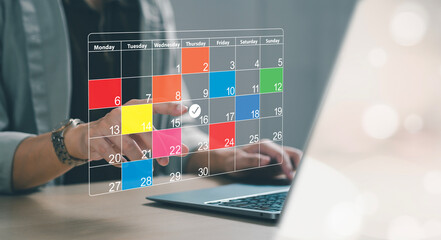 Business planner, organize and schedule activities, to set calendar schedule mark target date on colored paper, appointment reminder calendar for work schedule, schedule.