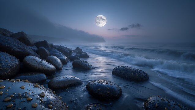 Moonlit Rocky Beach Seascape with Waves and Misty Atmospheric View