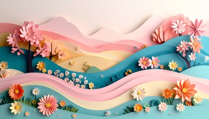 3D paper cut-out layered background of a garden scene with hills, bushes, and blooming flowers in pastel colors and abstract curves"